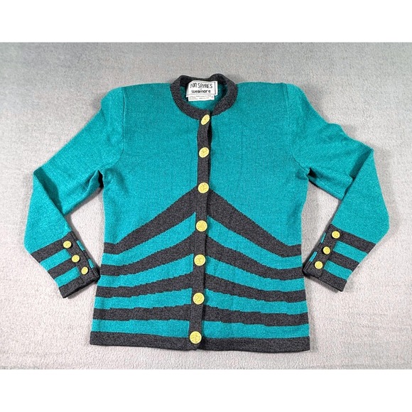Don Sayres Wellmore Sweaters - VTG 80s Don Sayres Wellmore Cardigan Wool Rayon USA Teal Gray Womens M Americana